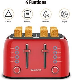 Toaster 4 Slice, Geek Chef Retro Red Extra Wide Slot, Independent temperature control Toaster ,Reheat,Defrost,Cancel 4 Function, 6-Shade Settings, Hig