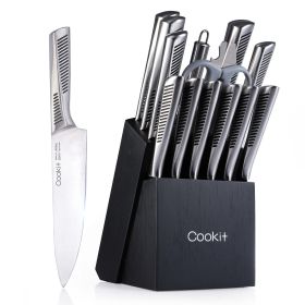 Kitchen Knife Set, 15 Piece Knife Sets with Block, Chef Knives with Non-Slip German Stainless Steel Hollow Handle Cutlery Set with Multifunctional Sci