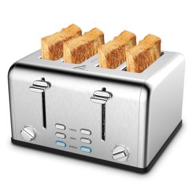 Toaster 4 slices, stainless steel extra-wide slot toaster, dual control panel with bagel/defrost/cancel function, 6 shade settings for baking bread, d (Color: Silver)