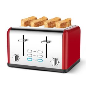Toaster 4 slices, stainless steel extra-wide slot toaster, dual control panel with bagel/defrost/cancel function, 6 shade settings for baking bread, d (Color: Red)